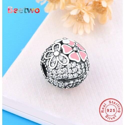 Fit Original Pandora Charms 925 Sterling Silver Pink Flower Lock Clip Charms Bracelet Women Fashion Jewelry Berloque