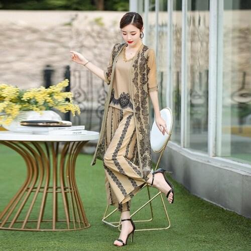 Mother Of Bride Wedding Vintage Printed 3 Piece Sets Women Plus Size Cardigan Jacket Wide Leg Pants Suits Spring Summer Pantsuit