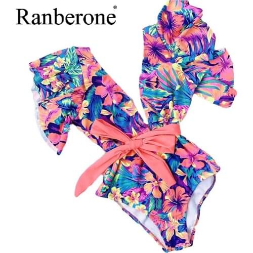 Ranberone Swimwear Women 2021 Push Up Bikini Ruffle Swim Suit Bandage Bathing Suit Summer Sexy V-neck Bow Beach Wear Female