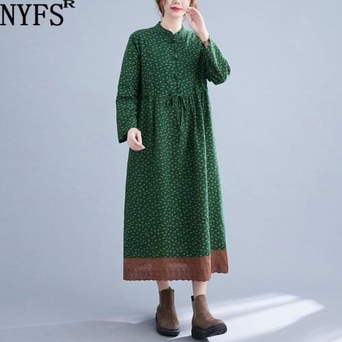 NYFS 2021 New Spring Autumn Vintage Long Sleeve Woman Dress Vestido de mujer Robe Elbise Cotton Linen Patchwork Lace Hem Dresses