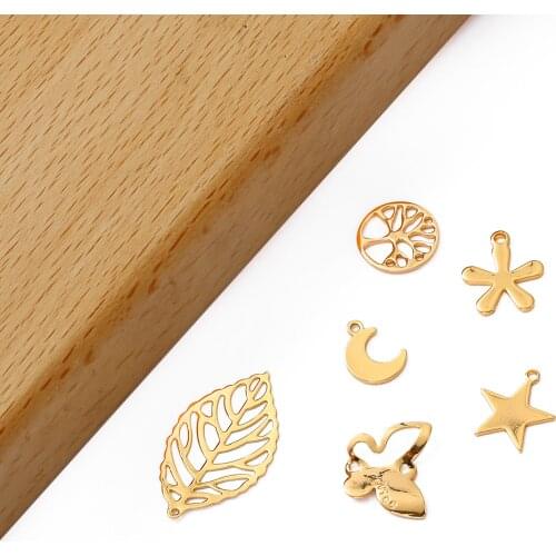 18K Gold Copper 5Pcs 8-27mm Small Charms Starfish Moon Leaves Butterfly for Jewelry DIY Making Necklace Pendant Findings 024