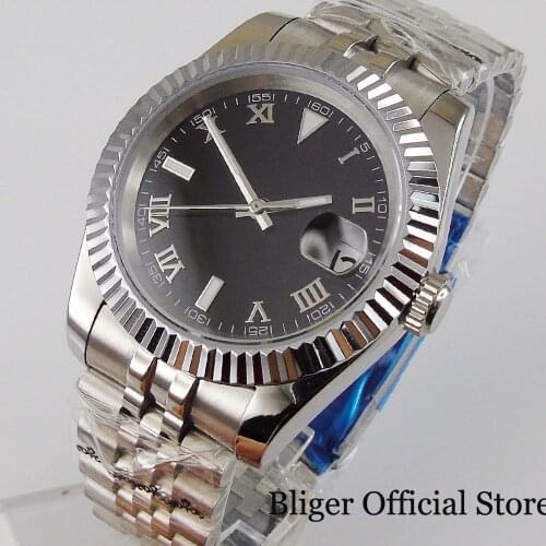 Business Automatic Men Watch 21 Jewels MIYOTA 8215 Black Sterile Dial Jubilee Strap Screw Crown Sapphire Crystal Date Magnifier