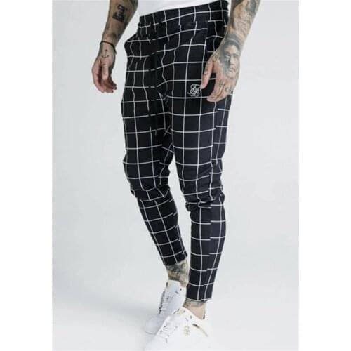 2021 Mens Fashion New Polyester Plaid Flocking Printing Casual Thin Sik Silk Sweatpants Street Hip-Hop Fashion Slim Trousers