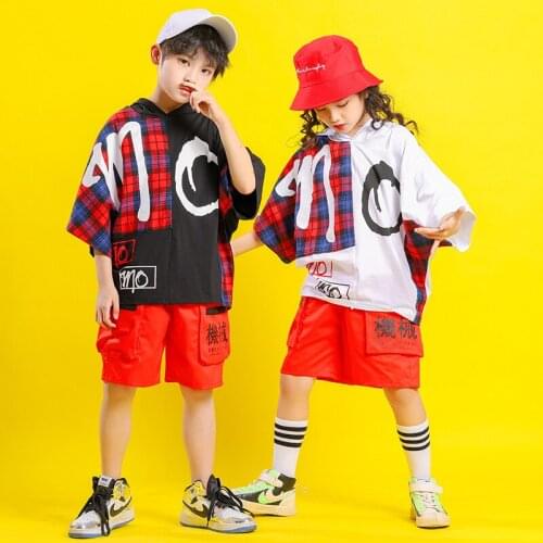 Children Festival Hip Hop Outfits Short Sleeve Hoodie Sweater Tactical Shorts Boys Girls Jazz Costume Performance Clothes Wear