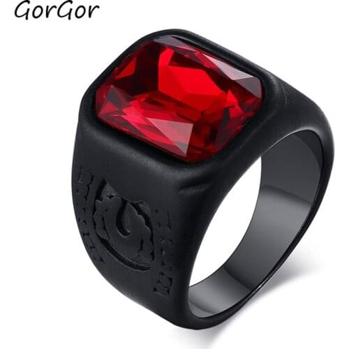 GorGor 2020 New Arrivals High Quality Stainless Steel Red Glass Black Rings for Fsahion Men Simple Jewelry Gift RC-440