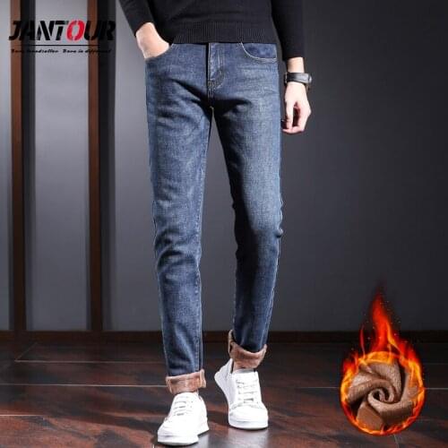 Jantour Men Clothing 2020 Winter Casual Fleece Skinny Jeans Men Pantalon Homme Fashion Straight England Style Work Pants Man 38