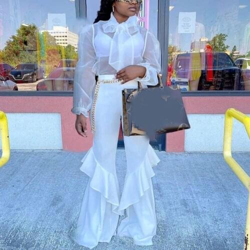 Outfits For Women Matching Sets Sexy Club Transparent Blouse & Flare Pants Ruffles High Waisted Elegant Evening Night Sets Hot