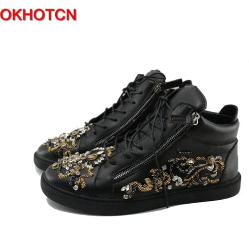 OKHOTCN Black Leather Side Zip Men Casual Shoes Designer Rhinestone Floral Men Sneakers Crystal Spiked Lace UP Chaussure Homme