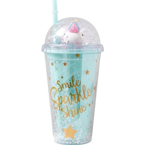 500ml Korean Unicorn Cartoon Straw Cup Creative Large-capacity Double-layer Plastic Water Cup Summer Cold Drink Mugs
