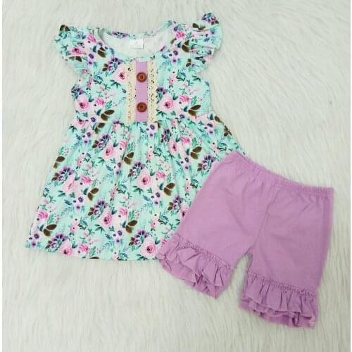 Summer Baby Girls Short Sleeve Clothes Ruffles Boutique Purple Floral Tunic Cotton Ruffled Shorts Set Outfits