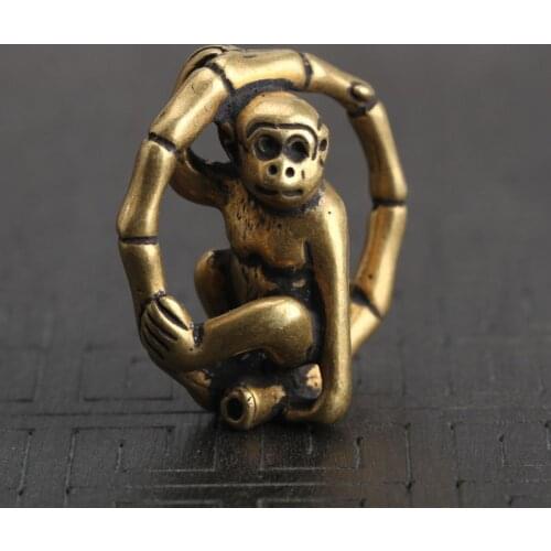 Copper Cute Monkey Rolling Bamboo Ring Desk Ornaments Vintage Brass Animal Miniatures Figurines Decorations Home Decor Crafts