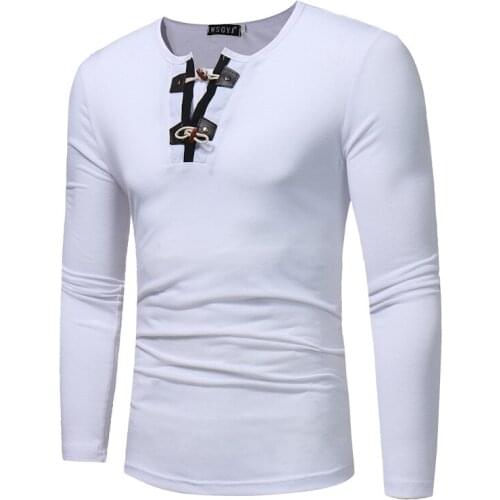 Mens T-Shirt Round Neck Long Sleeve Patchwork Contrast Pullover T-Shirt Casual Slim All-Match Bottoming Tops