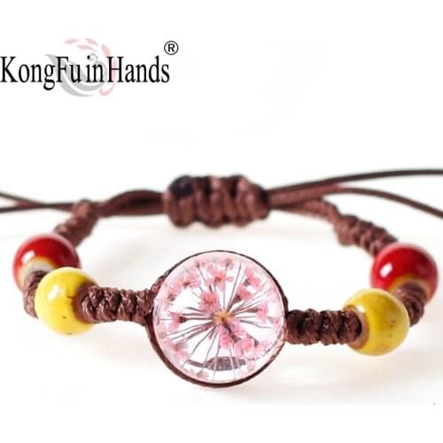 New Style Ceramics Charm Bracelet Handmade Real Dry Plant Flower Glass Ball DIY Weave Adjustable Bracelets Bangle Women Fashion