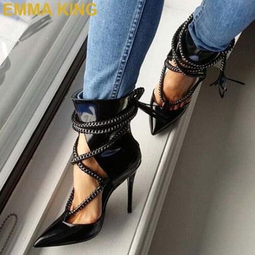 Sexy Black Leather Pumps Crossed Chains Pointy Toe Stiletto Women High Heels Elegant Lady Sexy Heels Fashion Womens Shoes Pumps