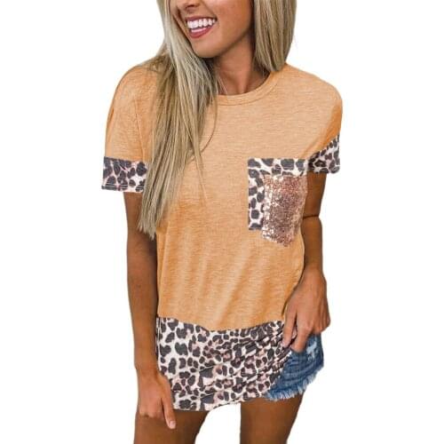 S-5XL Super Large Womens 2021 Summer Fashion New Womens Leopard Print Stitching Pocket Top Round Neck Short Sleeve T-shirt
