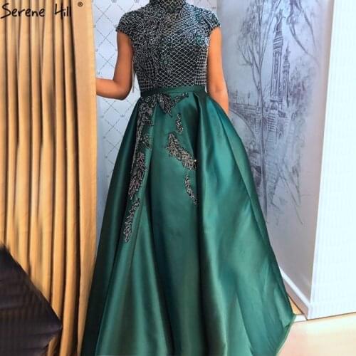 Serene Hill Satin Green Beading Evening Gowns 2020 A-Line Dubai High Collar Cap Sleeves Formal Dress Design DLA70761