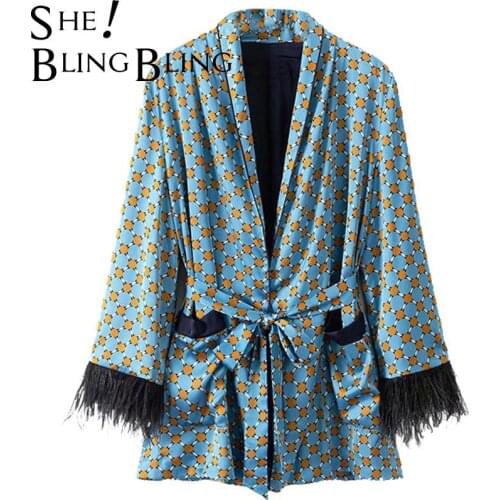SheBlingBling Feather Cuff Sleeves Geometric Print Women Casual Kimono Jackets Summer Patch Pockets Open Front Female Loose Tops