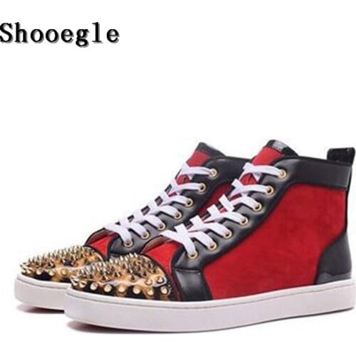 SHOOEGLE High Quality Red Black Patchwork Rivets Men Shoes Studs Lace-up Sneakers Men Hightop Flat Casual Shoes Man Wholesale