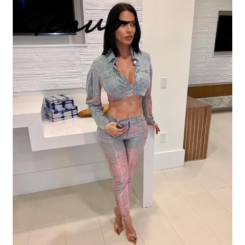 Genuo Sexy 2 Two Piece Set Tracksuit Women Long Sleeve Top And Pants Turn-down Collar Casual Sequins Outfits Ensemble Femme
