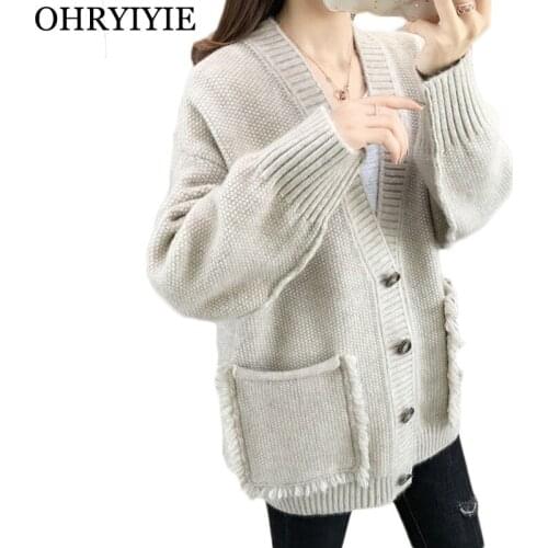 OHRYIYIE Spring Autumn Knitted Cardigan Women Sweater 2021 New Loose Long Sleeve Cardigans Female Beige Pink Fall Knit Coat Tops