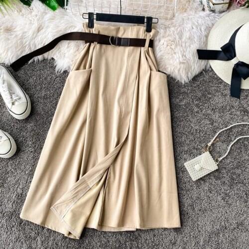 Slim High Waist A-line Skirts Womens 2020 spring Summer irregular Elegant Midi Skirt Korean Pocket Female with Belt Casual Skirt