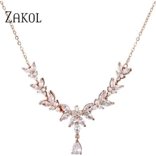 ZAKOL Luxury Exquisite Teardrop Cubic Zircon Leaf Chain Choker Necklaces for Women Fashion Bridal Wedding Party Jewelry NP2266