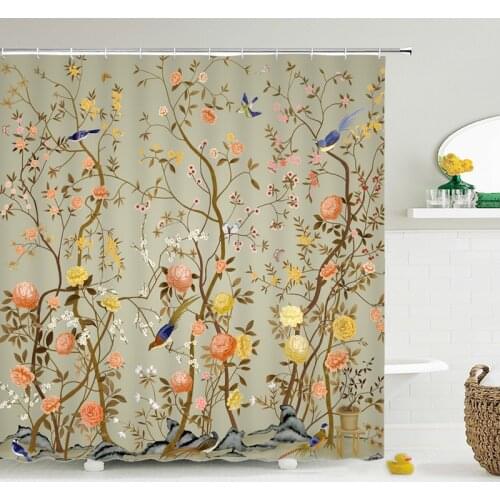 Chinese Style Flower Bird Shower Curtain Bathroom Waterproof Polyester Fabric Bathroom Curtain Printed Curtain Bath Screen Mat