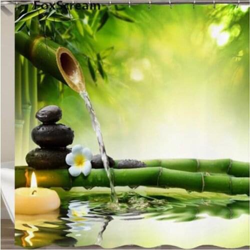 Bathroom Shower Curtain Spring Water Black Stones Shower Curtain Green Bamboo Polyester Fabric Curtains For Bathtub Home Decor