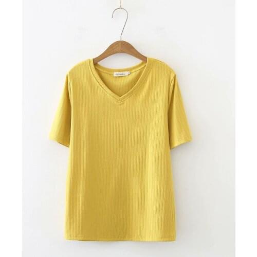 Plus size V-neck ice silk pit strip short-sleeved T shirt 2021 summer yellow black green pink tshirt Casual tee shirt