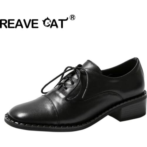 REAVE CAT 2021 Fashion Retro Pumps Oxfords Genuine Patent Leather Round Toe Solid Lace Up 4cm Chunky Heel Size 34-40 Black A4321