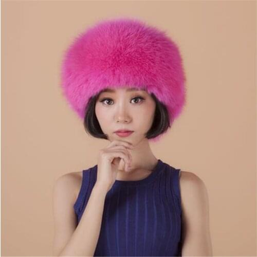 Women Winter Free Size Plus Cotton 100% Fox Fur Bomber Hats Female Fall Oversized Adjustable PU Cap Top Thick Fox Fur Caps