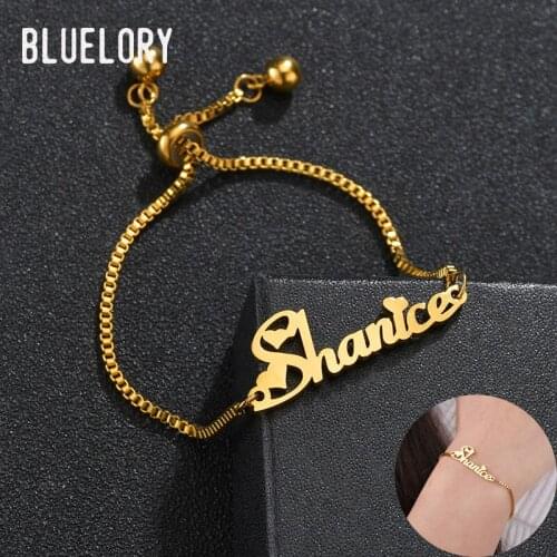 Bluelory Custom Women Name Bracelets Stainless Steel Box Chain Adjustable Personalized Jewelry For Lovers Friends Gift