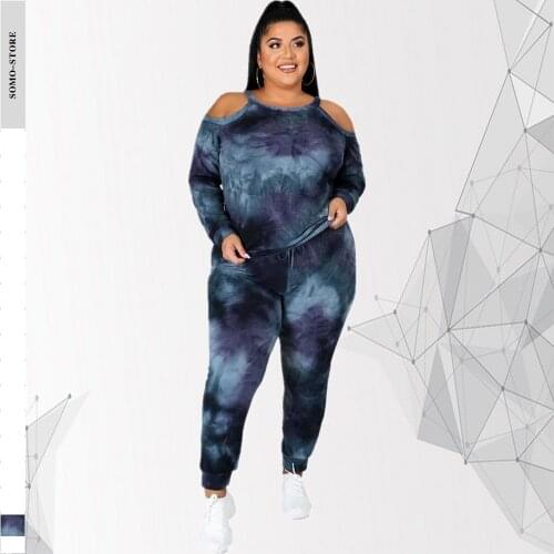 5xl Plus Size Clothing for Women Off Shoulder Long Sleeve Top and Pants Sets Tie Dye Two Piece Outfits Wholesale Dropshipping