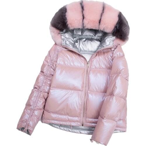 2019 Winter new fur Fox Collar Down Jacket double-sided wearing a net red and silver Pink Coat short Winter Coat Women