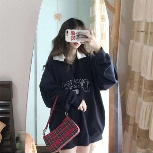 Dark Blue Letter Printing Zip Up Collar Sweatshirt Women Vintage Brand Fashion Oversized Loose Casual Streetwear New Long Sleeve