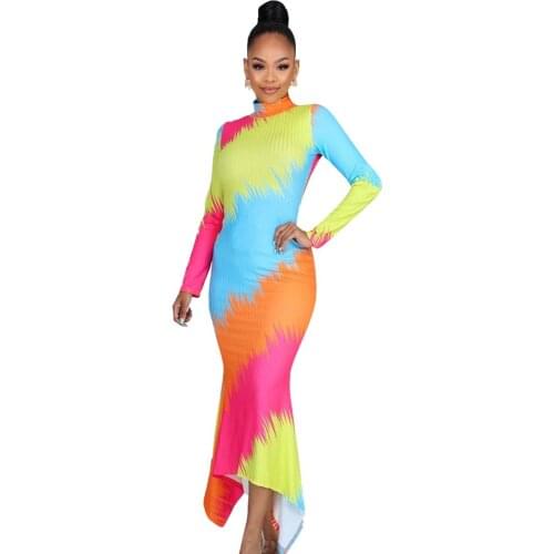 S-XXXL Womens Long Sleeve Color Printing Maxi Dresses Casual Long Dresses