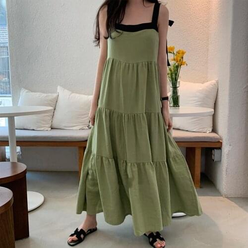 Johnature New Korean Spaghetti Strap Dress For Women 2021 Summer Patchwork Loose Sleeveless Casual Dress
