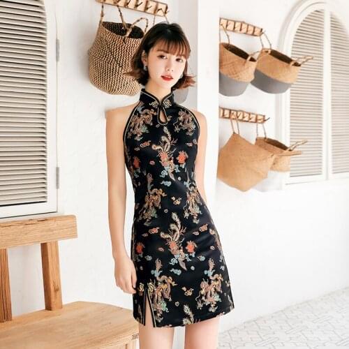 Sexy Sleeveless Vestidos Slim Mini Evening Party Dress Women Qipao Exquisite Dragon Phoenix Cheongsam Prom Dress Plus Size