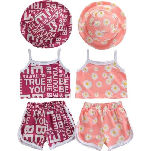 3 Pcs Infant Summer Outfits, Baby Girls Flower/Letter Print U-shaped Neck Tank Top + Shorts + Wide-brim Hat
