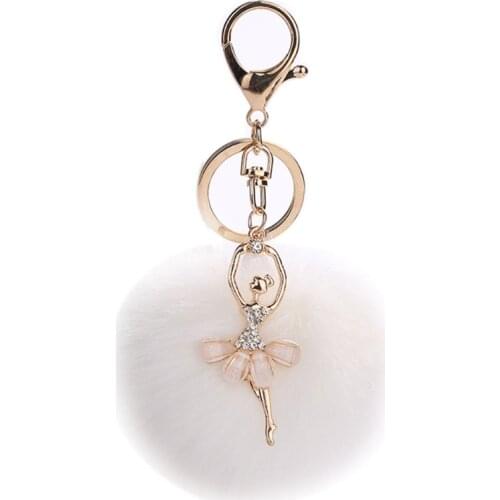 Faux Fur Plush Pom Pom Ball Keychain with Rhinestone Ballet Dancer Pendant Charm