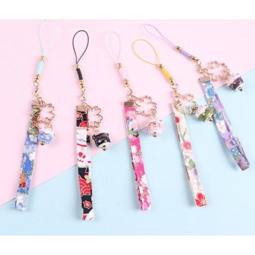 2020 New Design 1 Piece High Quality Cherry Cats Cartoon Mobile Phone Strap Lovely Cat Bell Floral Pendant Key Chains Lanyard