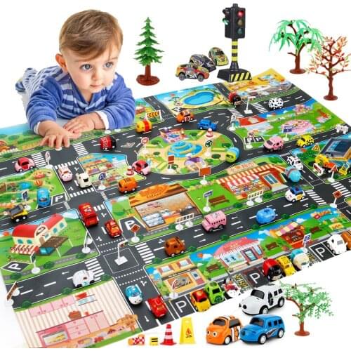 Children Canvas Climbing Mats Parking Lot View Map Kids Rug Developing Crawling Mat Big City Traffic Road Carpet with Toys