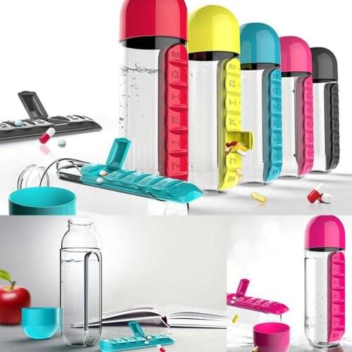 Hot Free Travel 7 Day Pill Cup 2-in-1 Water Bottle 600ml with Pill Box Organizer Travel Use sy998