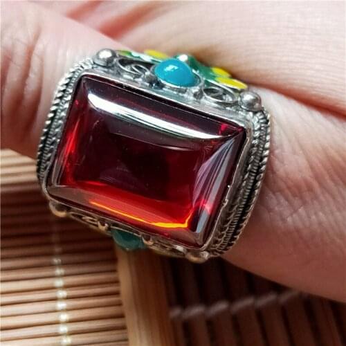 Chinese antique bronze antique jewelry, silver inlaid with gem ring