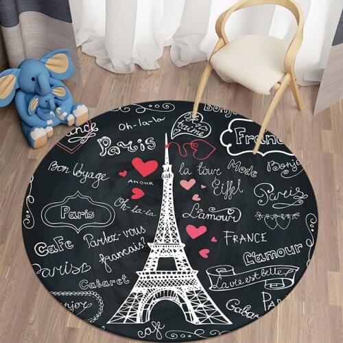 France Paris Tower Round Carpets for Living Room Letters Print Valentines Day Mat Area Rug Floor Mat Living Room Rug Large