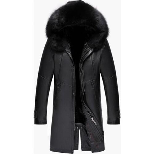 2021 New Winter Mens Clothing Hooded Black Leather Long Sleeve Casual Fit Office Thicken Natural Fur Coat Business Jacket Parka