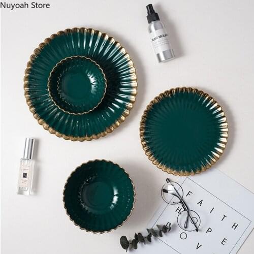 Nordic Creative Dark Green Phnom Penh Salad Bowl 8-inch Ceramic Plate Household Tableware Supplies Living Room Decoration Plate