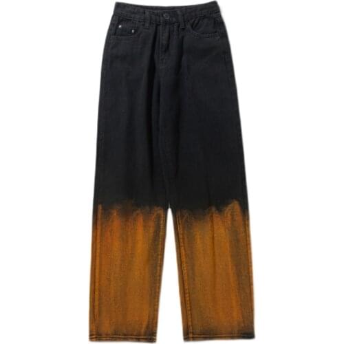 2021 New High Waist Women Black Orange Jeans Harajuku Tie Dye Printing Vintage Baggy Straight Long Pants Versatile Denim Trouser