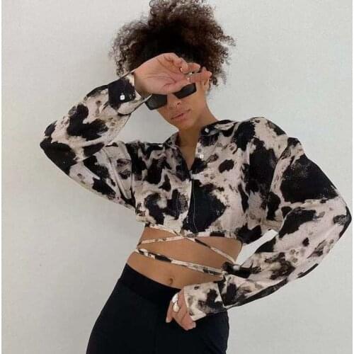 Autumn New Products Ladies Lace Up Shirt Long Sleeve Tie Dye Temperament Short Sexy Halter Commuter Womens Clothing Top WH64