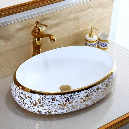 Oval golden Europe style Jingdezhen Art Counter Top ceramic lavabo sink Bathroom sink washing chinese ceramic wash basin